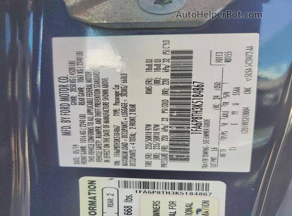 1FA6P8TH3K5184867 2019 FORD MUSTANG Blue ძრავის განყოფილების ხედი
