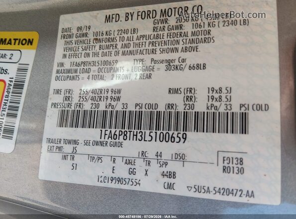 1FA6P8TH3L5100659 2020 FORD MUSTANG Silver Engine compartment view
