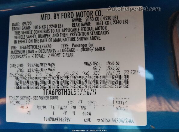 1FA6P8TH3L5175670 2020 FORD MUSTANG Blue Vista del compartimento del motor