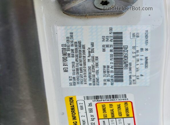 1FA6P8TH3N5132403 2022 FORD MUSTANG White Widok komory silnika