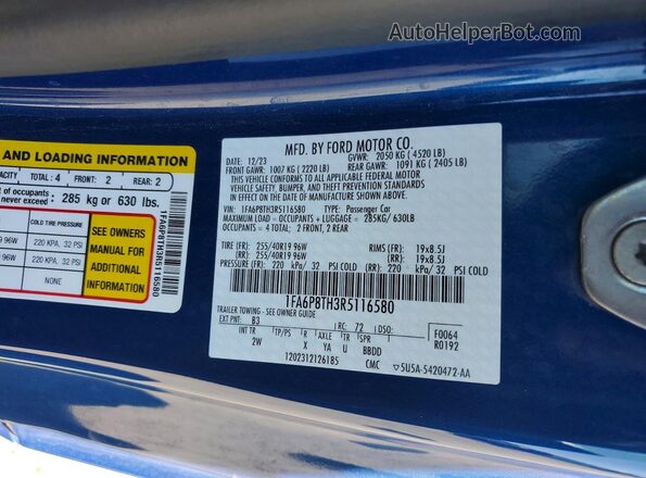1FA6P8TH3R5116580 2024 FORD MUSTANG Blue VIN კოდის სტიკერის ხედი