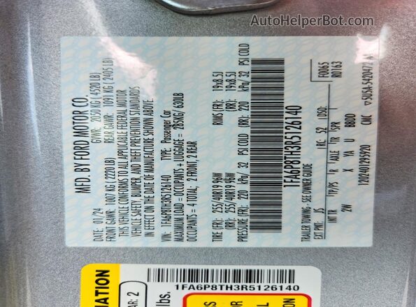 1FA6P8TH3R5126140 2024 FORD MUSTANG Silver Widok naklejki z numerem VIN