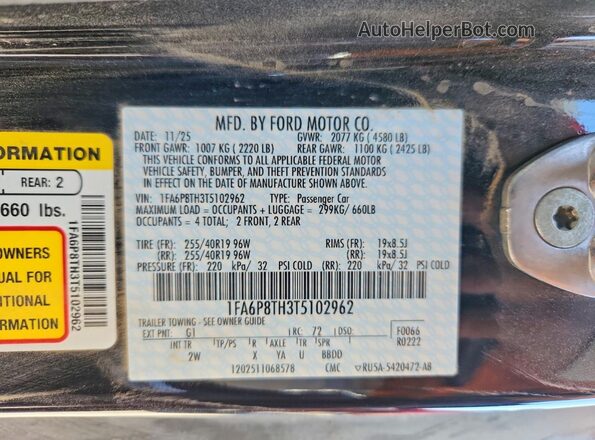 1FA6P8TH3T5102962 2026 FORD MUSTANG Black VIN კოდის სტიკერის ხედი