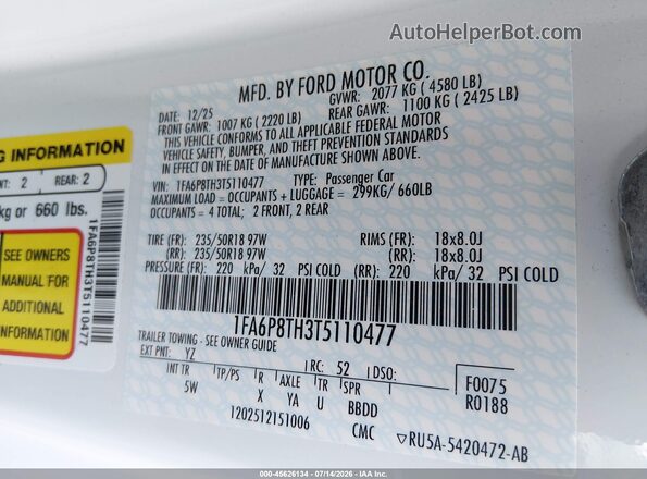 1FA6P8TH3T5110477 2026 FORD MUSTANG White Widok komory silnika