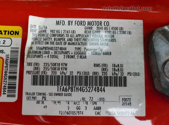 1FA6P8TH4G5274844 2016 FORD MUSTANG Red ძრავის განყოფილების ხედი