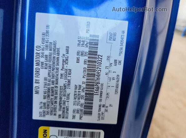 1FA6P8TH4H5210322 2017 FORD MUSTANG Blue Engine compartment view