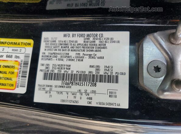 1FA6P8TH4J5117208 2018 FORD MUSTANG Black VIN կոդի պիտակի տեսք