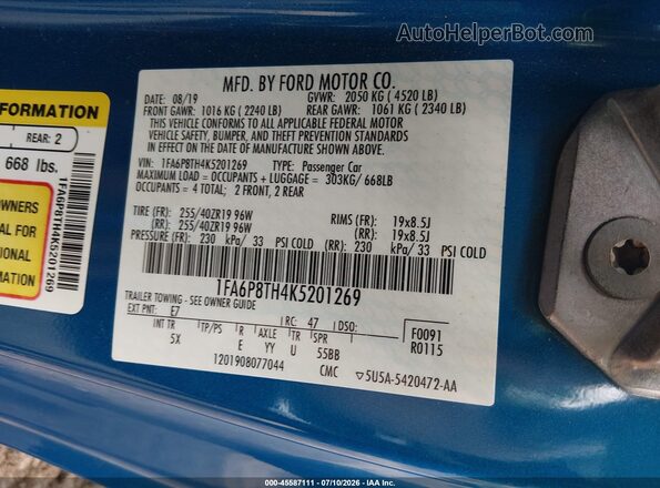 1FA6P8TH4K5201269 2019 FORD MUSTANG Синий Вид подкапотного пространства