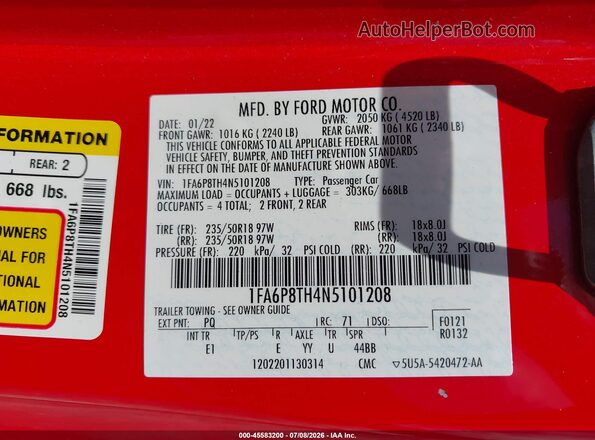 1FA6P8TH4N5101208 2022 FORD MUSTANG Red Engine compartment view