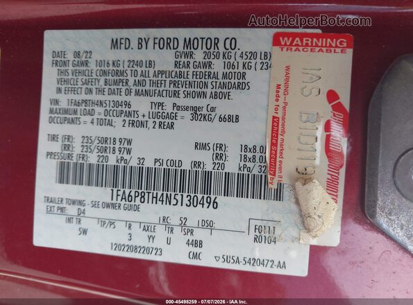 1FA6P8TH4N5130496 2022 FORD MUSTANG Красный Вид подкапотного пространства
