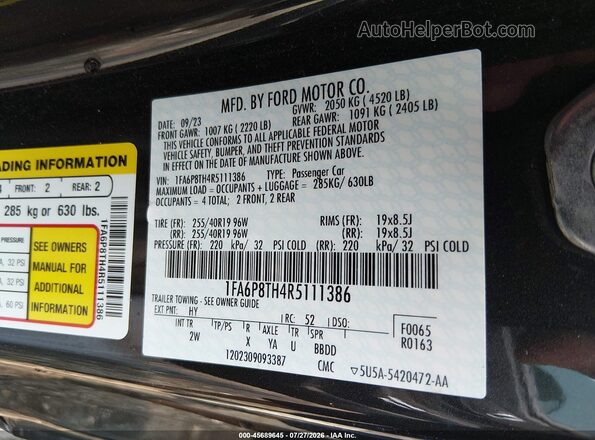 1FA6P8TH4R5111386 2024 FORD MUSTANG Black Շարժիչի բաժամունքի տեսք