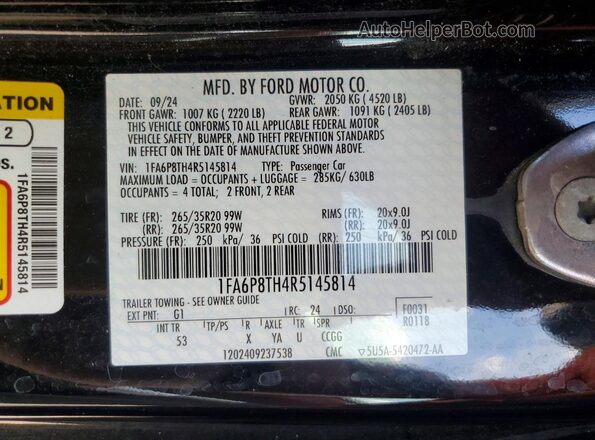 1FA6P8TH4R5145814 2024 FORD MUSTANG Black VIN sticker view