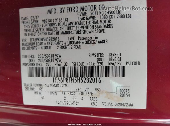 1FA6P8TH5H5282016 2017 FORD MUSTANG Burgundy Engine compartment view