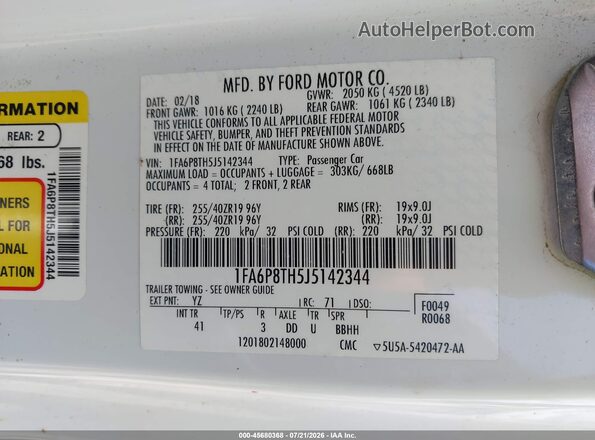 1FA6P8TH5J5142344 2018 FORD MUSTANG White ძრავის განყოფილების ხედი