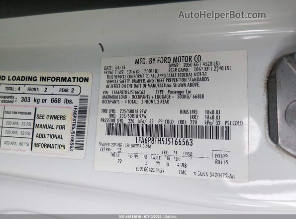 1FA6P8TH5J5166563 2018 FORD MUSTANG White Вид підкапотного простору