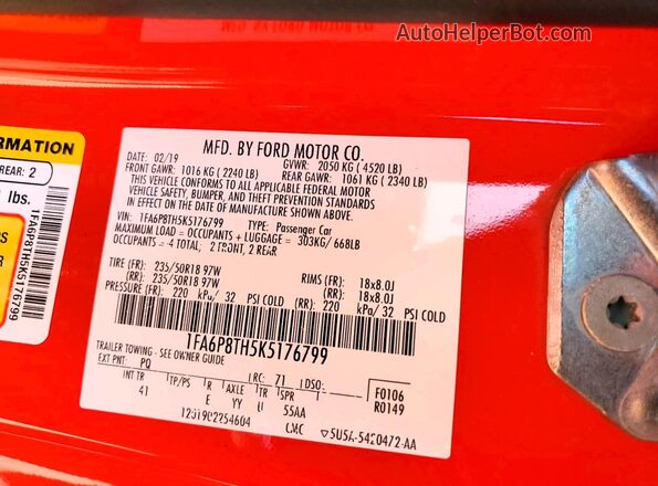 1FA6P8TH5K5176799 2019 FORD MUSTANG Red Widok naklejki z numerem VIN