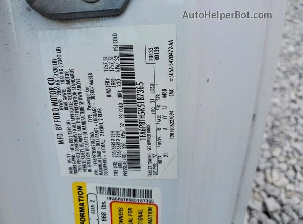 1FA6P8TH5K5187365 2019 FORD MUSTANG White VIN sticker view