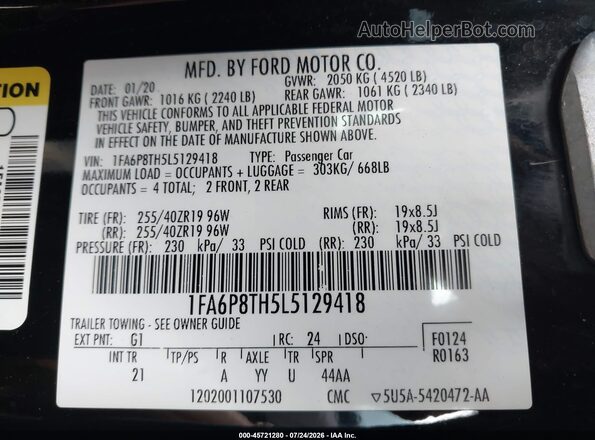 1FA6P8TH5L5129418 2020 FORD MUSTANG Black Widok komory silnika