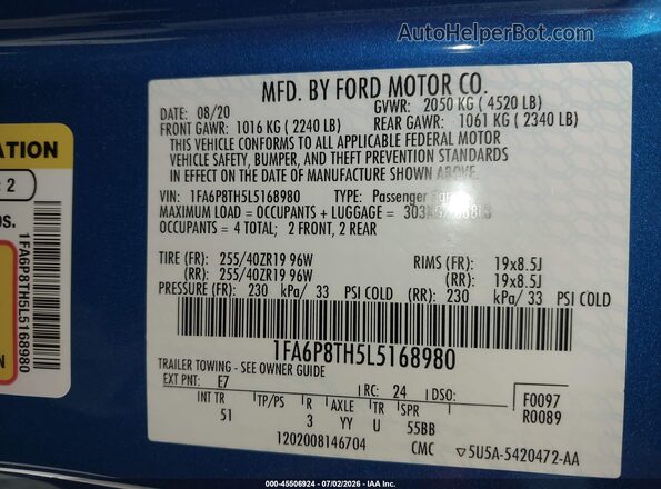 1FA6P8TH5L5168980 2020 FORD MUSTANG Light Blue Вид подкапотного пространства