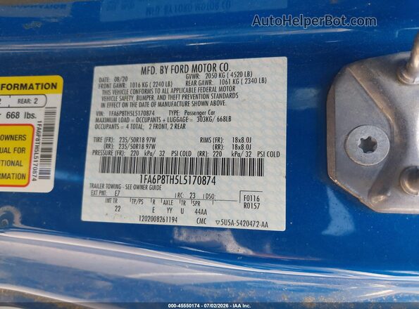 1FA6P8TH5L5170874 2020 FORD MUSTANG Blue Շարժիչի բաժամունքի տեսք
