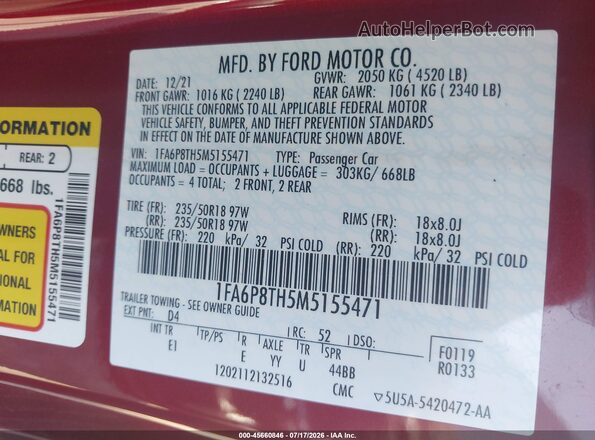 1FA6P8TH5M5155471 2021 FORD MUSTANG Red ძრავის განყოფილების ხედი