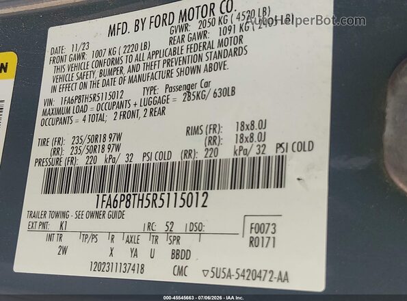 1FA6P8TH5R5115012 2024 FORD MUSTANG Blue Engine compartment view