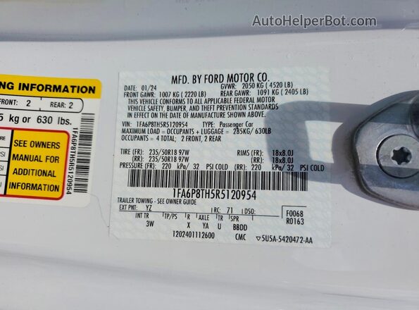 1FA6P8TH5R5120954 2024 FORD MUSTANG White Вид підкапотного простору