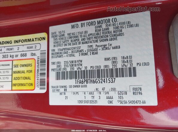 1FA6P8TH6G5241537 2016 FORD MUSTANG Красный Вид подкапотного пространства