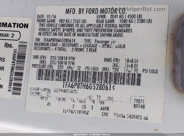 1FA6P8TH6G5280614 2016 FORD MUSTANG White Вид підкапотного простору