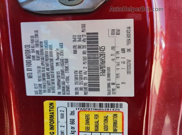 1FA6P8TH6H5281425 2017 FORD MUSTANG Red Vista del compartimento del motor
