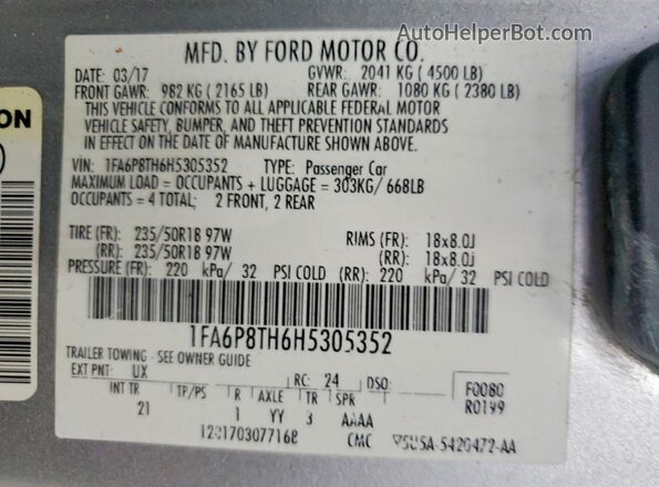 1FA6P8TH6H5305352 2017 FORD MUSTANG Silver Vista del compartimento del motor