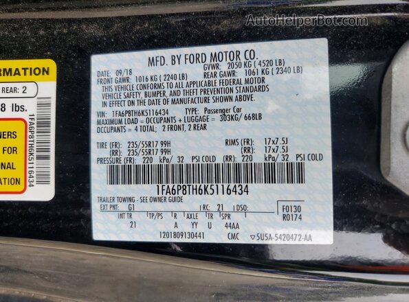 1FA6P8TH6K5116434 2019 FORD MUSTANG Black Vista de la etiqueta del VIN