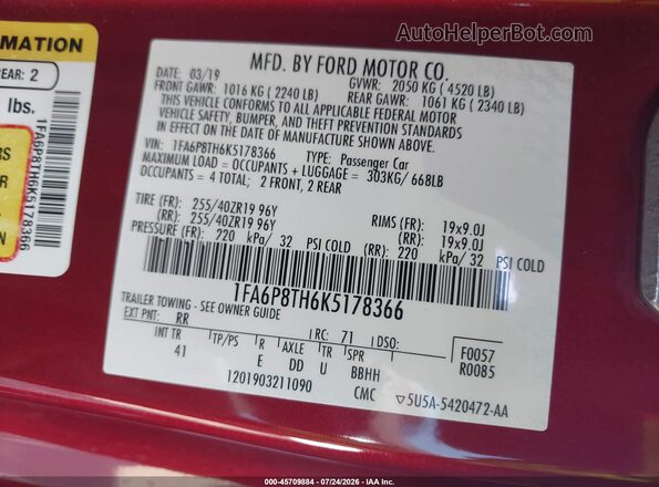 1FA6P8TH6K5178366 2019 FORD MUSTANG Red Engine compartment view
