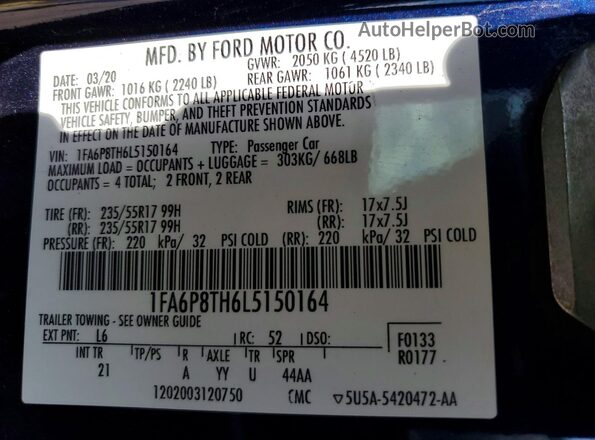 1FA6P8TH6L5150164 2020 FORD MUSTANG Синий Вид подкапотного пространства