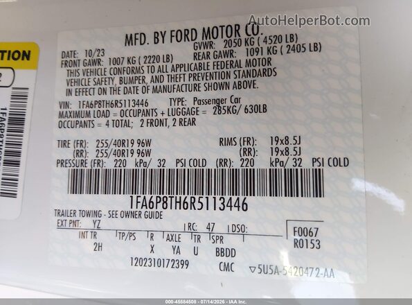 1FA6P8TH6R5113446 2024 FORD MUSTANG White Vista del compartimento del motor