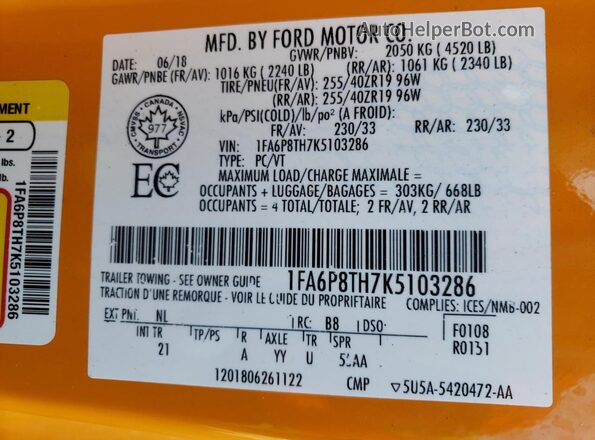1FA6P8TH7K5103286 2019 FORD MUSTANG Yellow Widok naklejki z numerem VIN