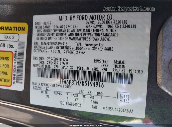 1FA6P8TH7K5194916 2019 FORD MUSTANG Gray Engine compartment view