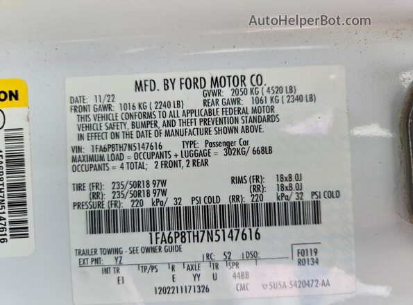 1FA6P8TH7N5147616 2022 FORD MUSTANG White Vista del compartimento del motor