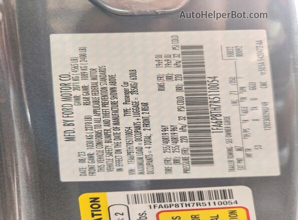1FA6P8TH7R5110054 2024 FORD MUSTANG Charcoal VIN კოდის სტიკერის ხედი