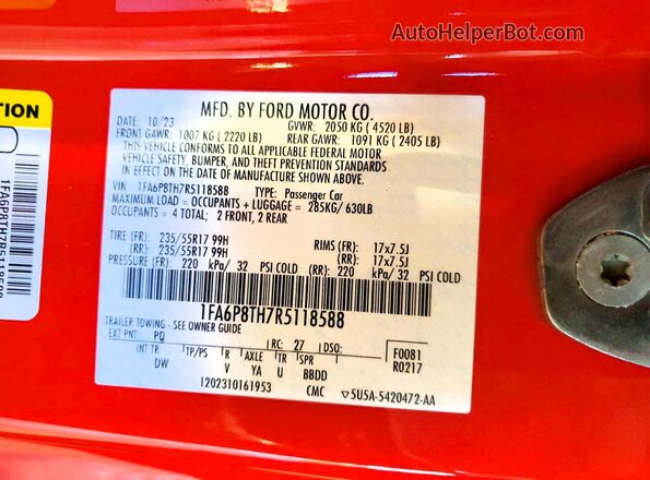 1FA6P8TH7R5118588 2024 FORD MUSTANG Red Engine compartment view