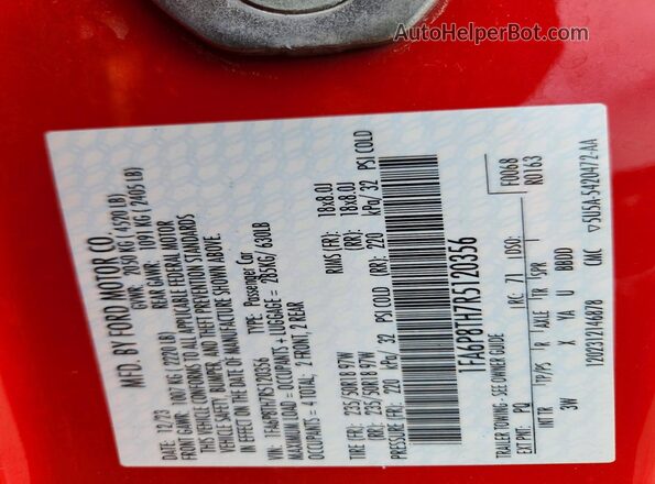1FA6P8TH7R5120356 2024 FORD MUSTANG Red Vista de la etiqueta del VIN