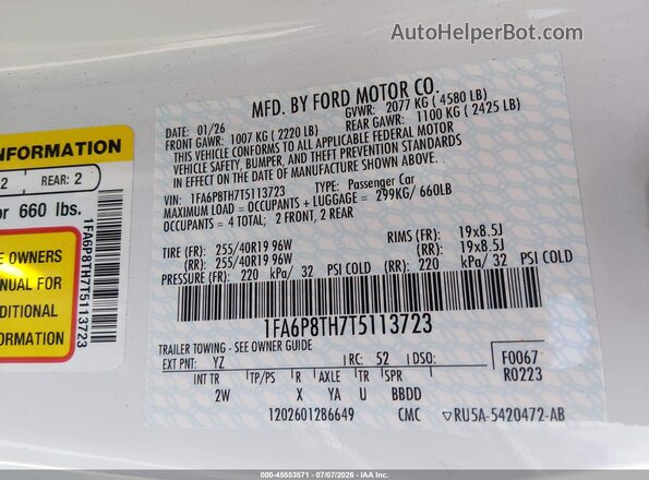 1FA6P8TH7T5113723 2026 FORD MUSTANG White Engine compartment view