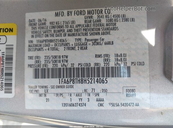 1FA6P8TH8H5214065 2017 FORD MUSTANG Silver ძრავის განყოფილების ხედი