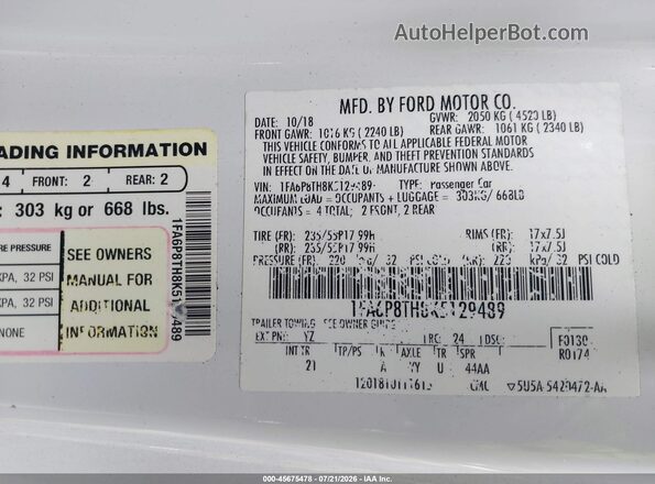 1FA6P8TH8K5129489 2019 FORD MUSTANG White ძრავის განყოფილების ხედი
