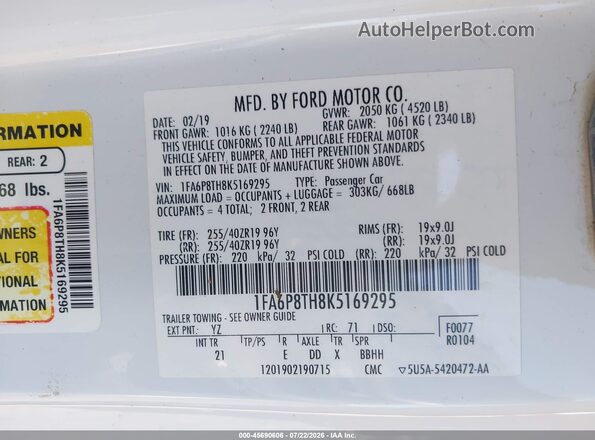 1FA6P8TH8K5169295 2019 FORD MUSTANG White ძრავის განყოფილების ხედი