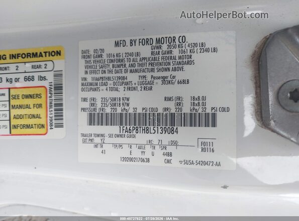 1FA6P8TH8L5139084 2020 FORD MUSTANG White Widok komory silnika
