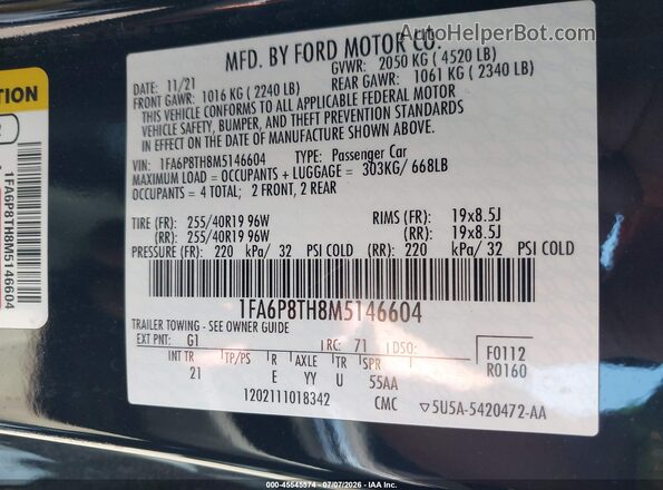 1FA6P8TH8M5146604 2021 FORD MUSTANG Black ძრავის განყოფილების ხედი