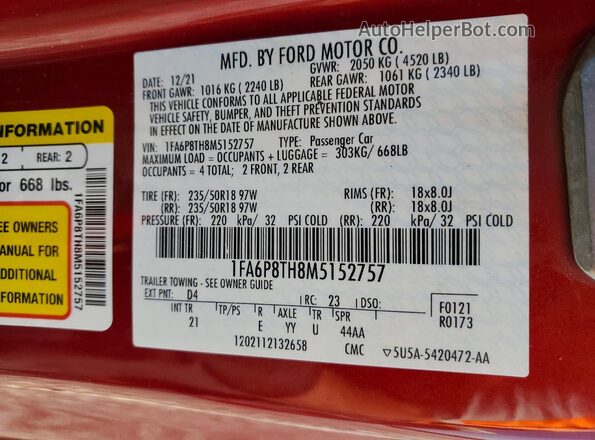 1FA6P8TH8M5152757 2021 FORD MUSTANG Red Շարժիչի բաժամունքի տեսք
