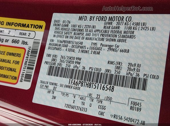 1FA6P8TH8T5116548 2026 FORD MUSTANG Maroon Engine compartment view