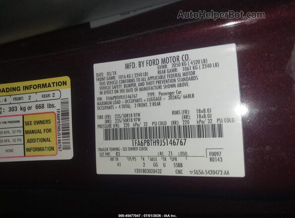 1FA6P8TH9J5146767 2018 FORD MUSTANG Red ძრავის განყოფილების ხედი